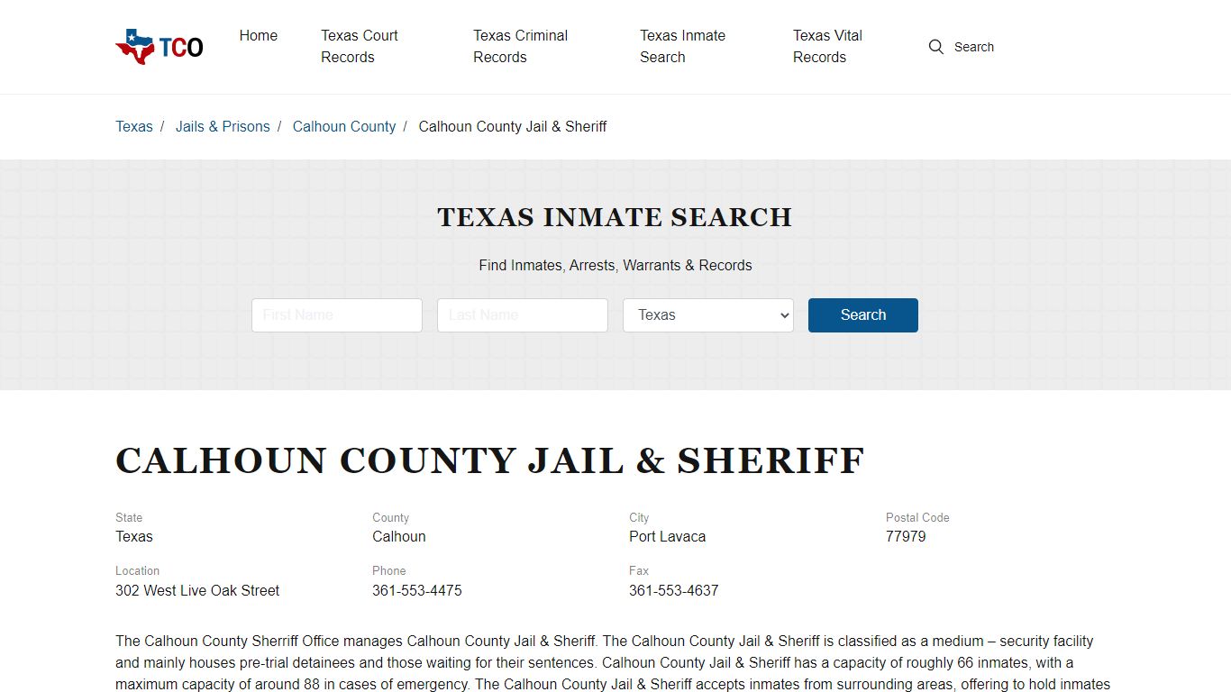 Calhoun County Jail & Sheriff in Port Lavaca, TX - Contact Information ...